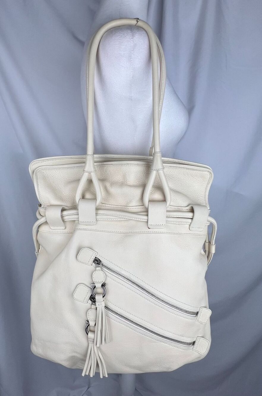 SALVATORE FERRAGAMO Leather Tote Bag Ivory Cream Cinch Tassel Made Italy